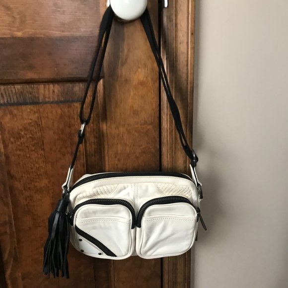 L.A.M.B. White w/Black Zippers Leather Crossbody Bag, Adjustable Strap, Dust Bag - Picture 14 of 16